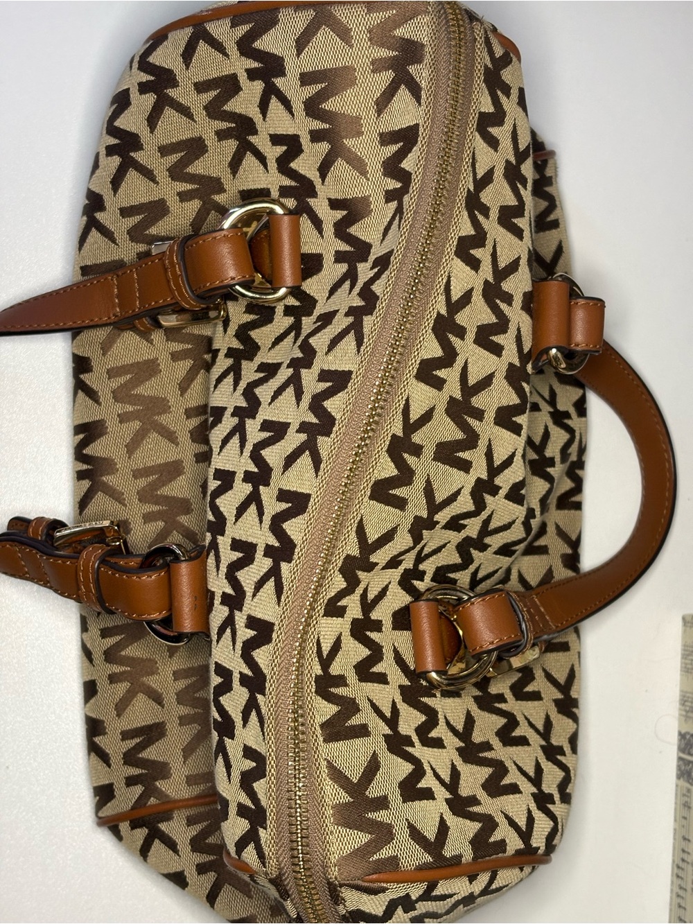 Michael Kors Canvas Monogram Satchel in Brown and Tan
